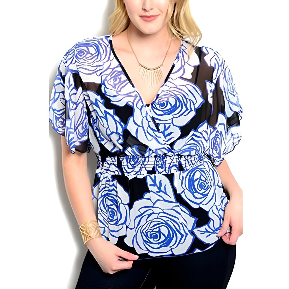 VIVA YOU Women's Sheer Peplum Top Blue Floral Flutter-Sleeve Plus Size 1XL  NWOT